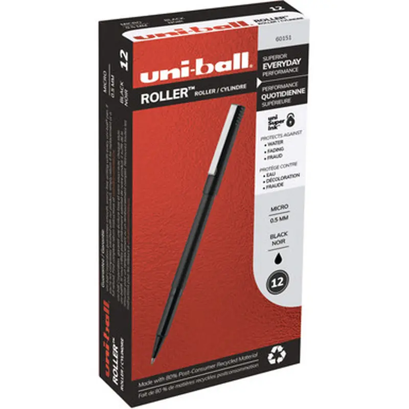 Uniball Roller 60151 Rollerball Pen, 0.5mm Micro Fine Point, Black Uni Super Ink