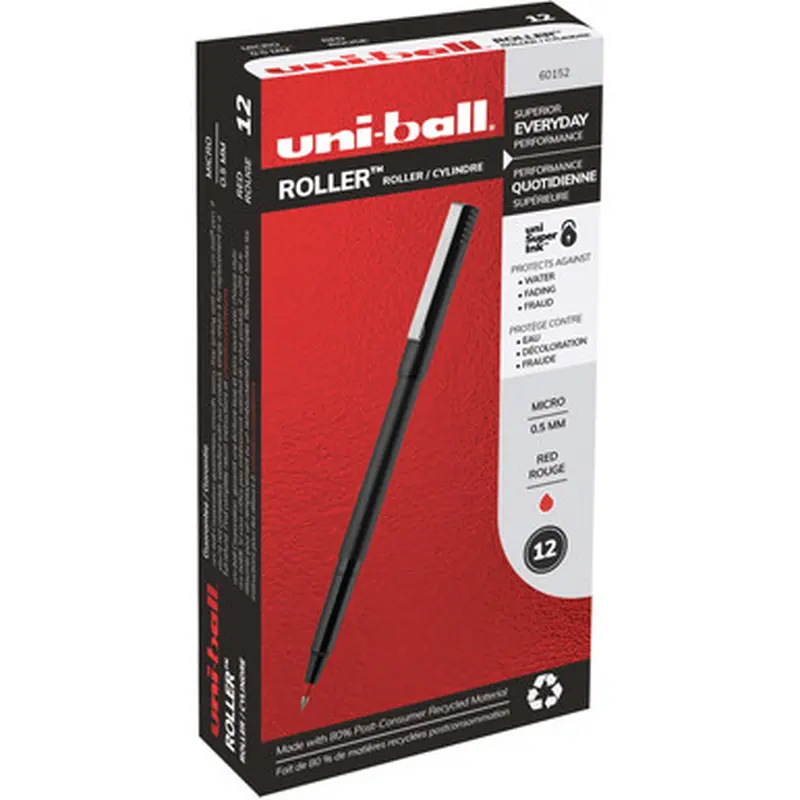 Uniball Roller 60152 Rollerball Pen, 0.5mm Micro Fine Point, Red Uni Super Ink
