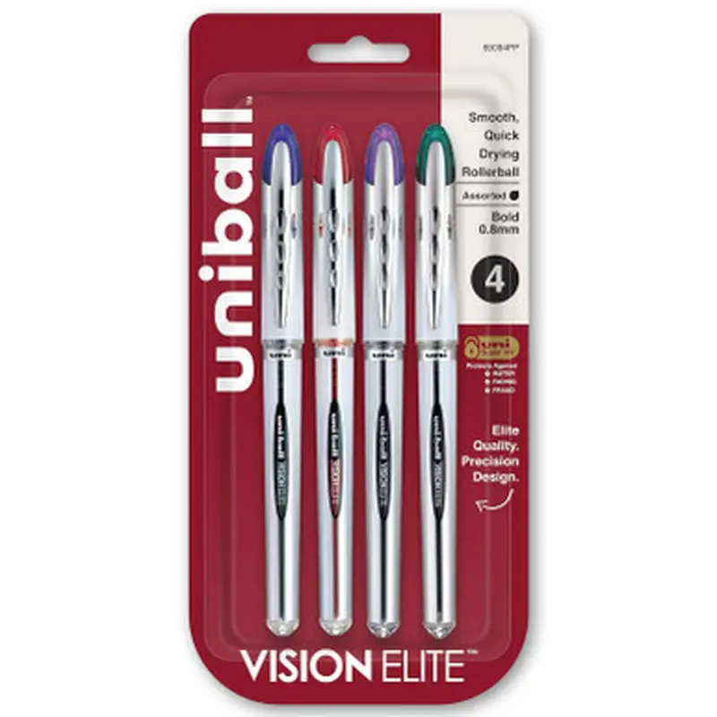 Uniball Vision Elite 69094PP 0.8mm Bold Point Rollerball Pens, 4-Color Set