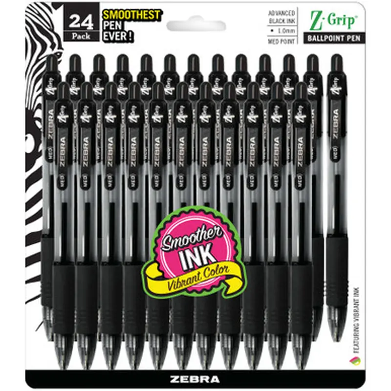 Zebra Z-Grip 12221 Ballpoint Pen, Black Ink, 1.0mm Medium Point, Pack of 24