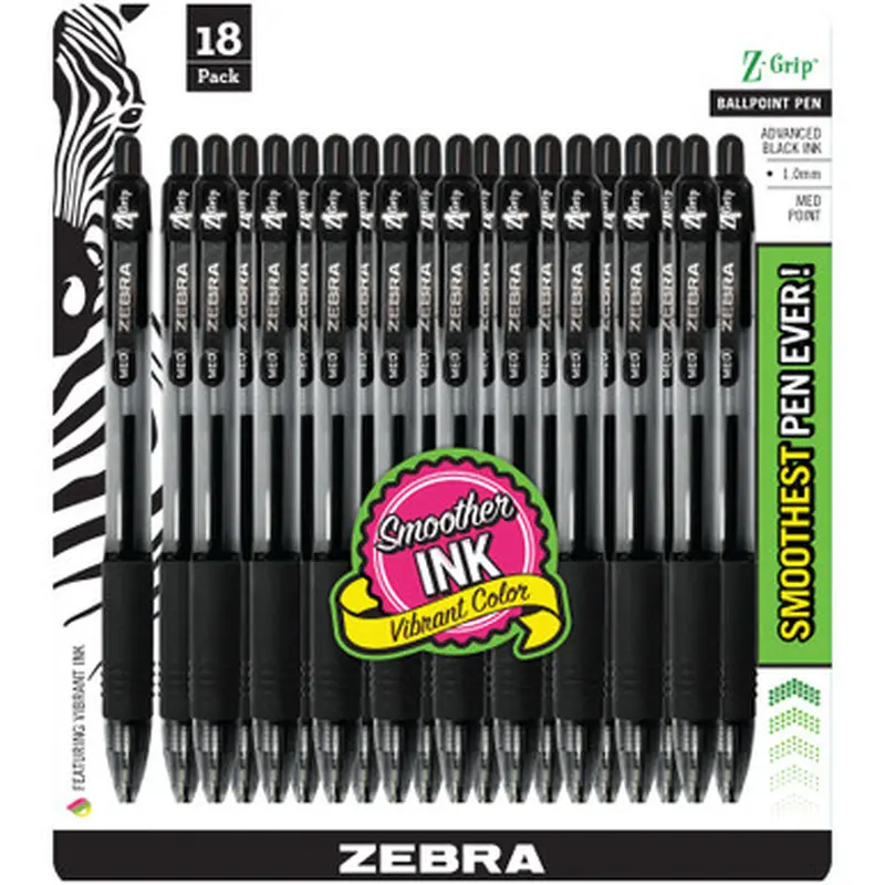 Zebra Z-Grip 22218 Ballpoint Pen, Black Ink, 1.0mm Medium Point, Pack of 18