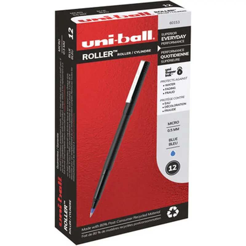 Uniball Roller 60153 Rollerball Pen, 0.5mm Micro Fine Point, Blue Uni Super Ink