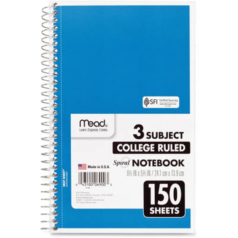 Mead 06900 3-Subject Wirebound College Rule Notebook