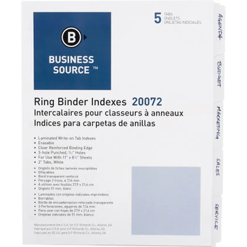 Business Source 20072 3-Ring 5-Tab Erasable Tab Indexes