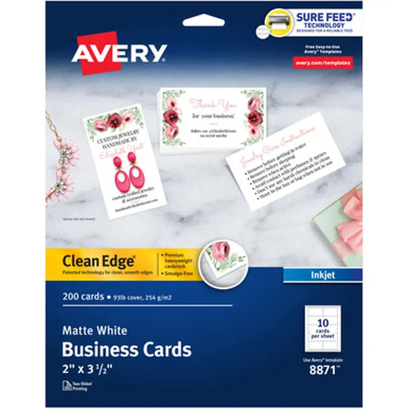 Avery 8871 Clean Edge(R) Business Cards, Matte, 2&quot x 3-1/2&quot , 200 Cards (8871)