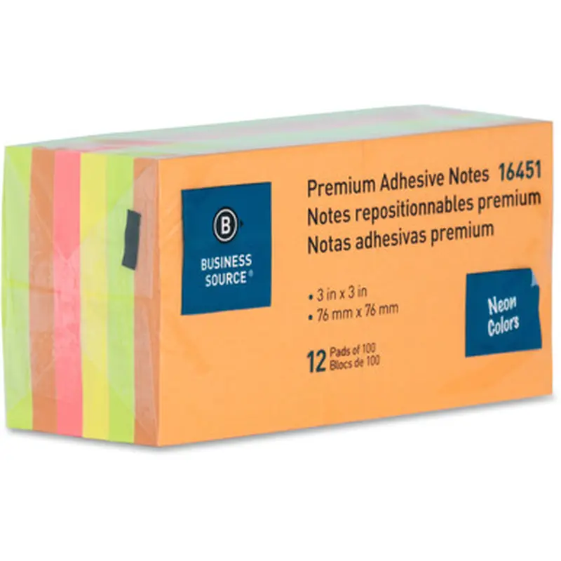 Business Source 16451 Neon Color Adhesive Notes, 3 x 3&quot, Pack of 12