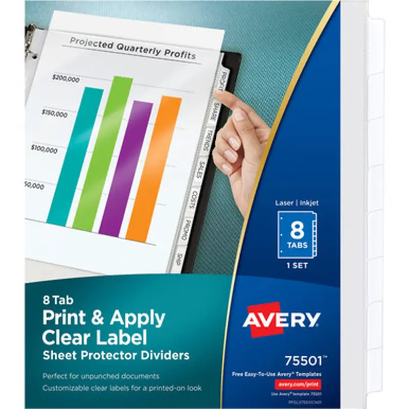 Avery 75501 Print &amp Apply Clear Label Sheet Protector Dividers, 8 White Tabs