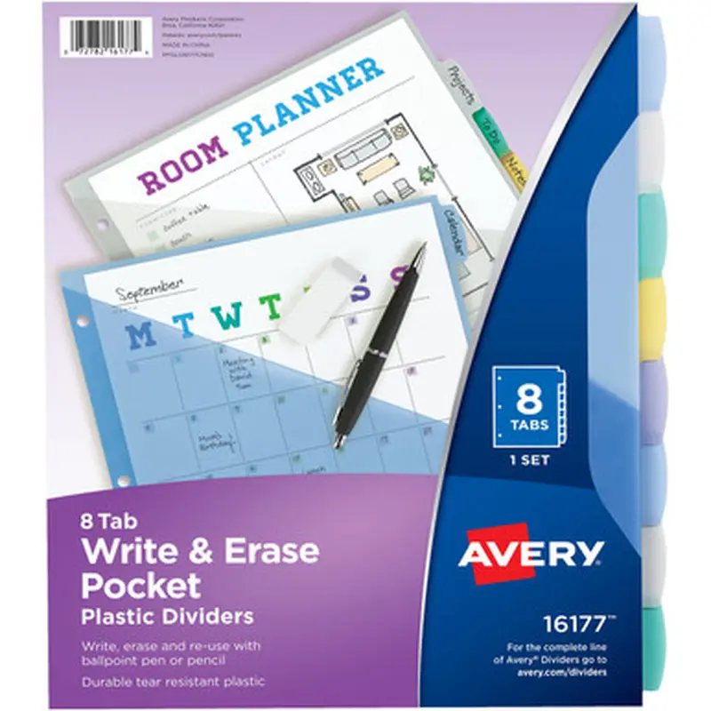 Avery 16177 Write &amp Erase Durable Dividers with Pockets, 8-tab, Multicolor
