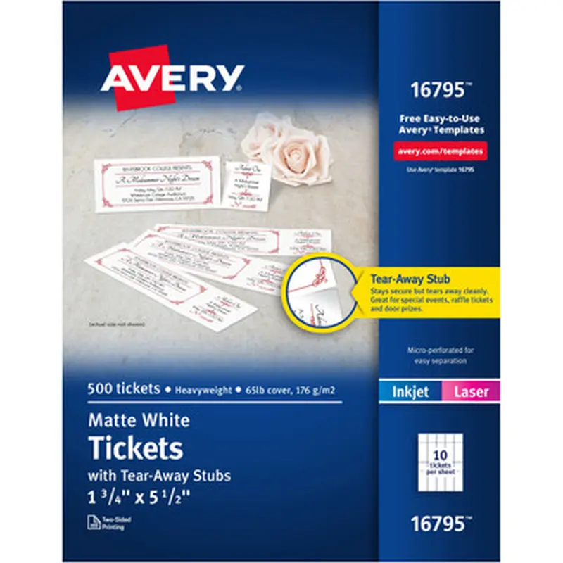 Avery 16795 Blank Printable Perforated Raffle Tickets - Tear-Away Stubs