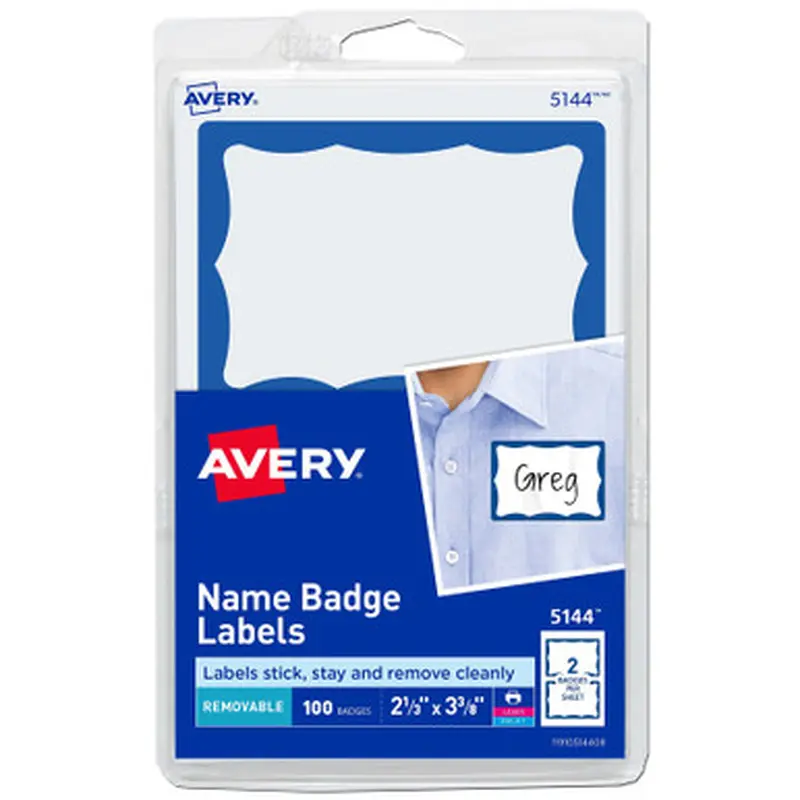 Avery 5144 Name Badge Labels. Blue Border, 2-1/3 x 3-3/8&quot, Pack of 100