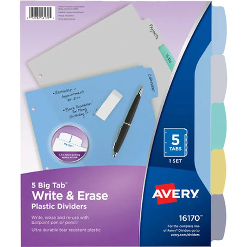 Avery 16170 Big Tab Write &amp Erase Durable Dividers, 5 Multicolor Tabs