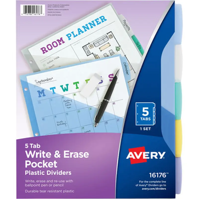 Avery 16176 Write &amp Erase Durable Plastic Dividers w/Pockets, 5-tab, Multicolor