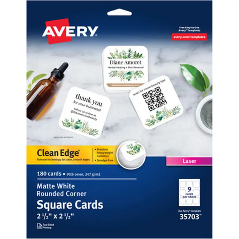 Avery 35703 Avery Square Cards w/Rounded Edges, 2.5&quotx2.5&quot , 90 lbs. 180 Laser Cards