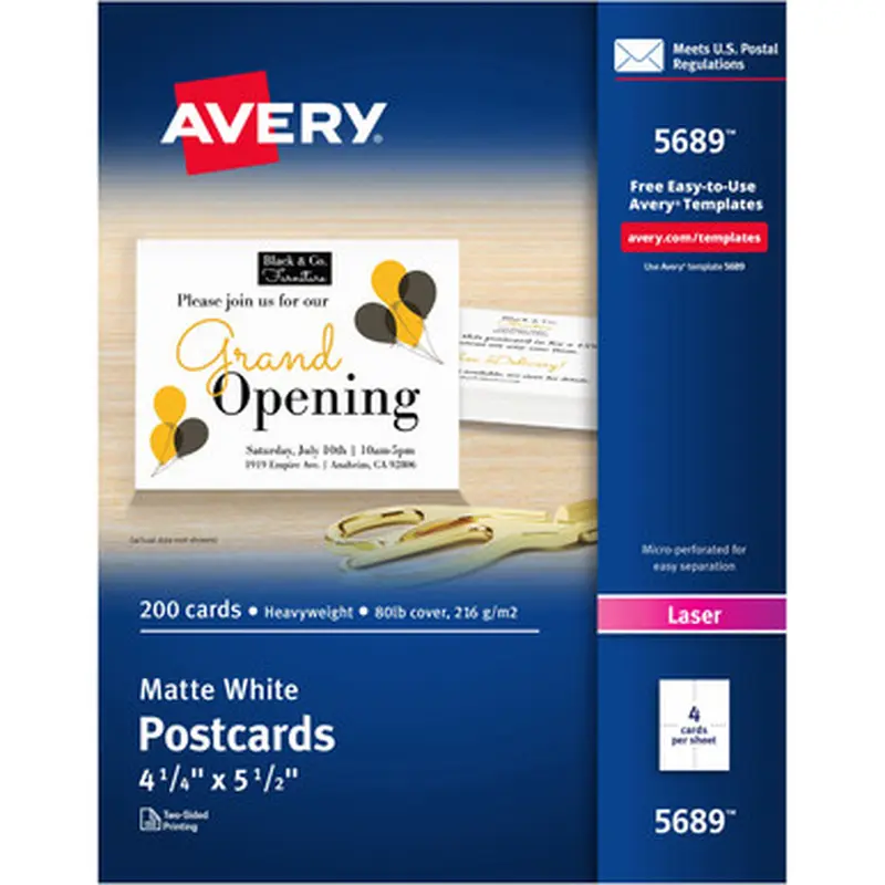 Avery 5689 Postcards Two-Sided Printing, 4-1/4&quot x 5-1/2&quot ,  200 Cards (5689)