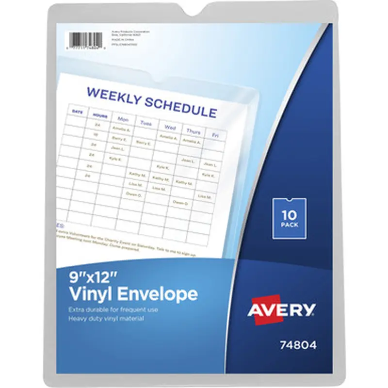 Avery 74804 Vinyl File Envelopes, 9&quot x 12&quot , 10 Clear Envelopes (74804)