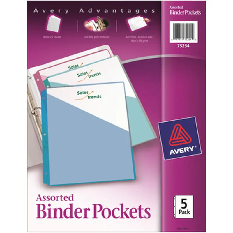Avery 75254 Binder Pockets, Assorted Colors, 8.5&quot x 11&quot , Acid-Free, Durable, 5 Slash Jackets