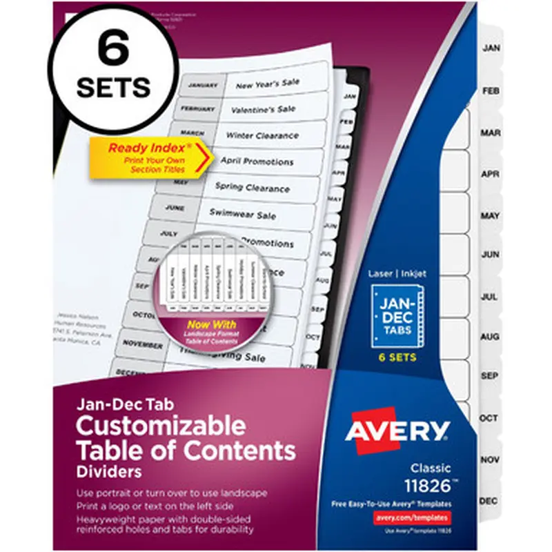 Avery 11826 Monthly Tab Table of Contents Dividers