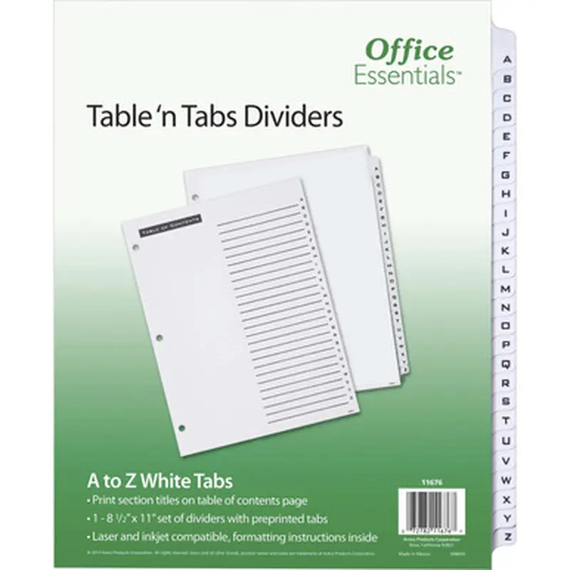 Office Essentials 11676 Table &#039N Tabs Dividers, A to Z White Tabs, 8-1/2 x 11&quot
