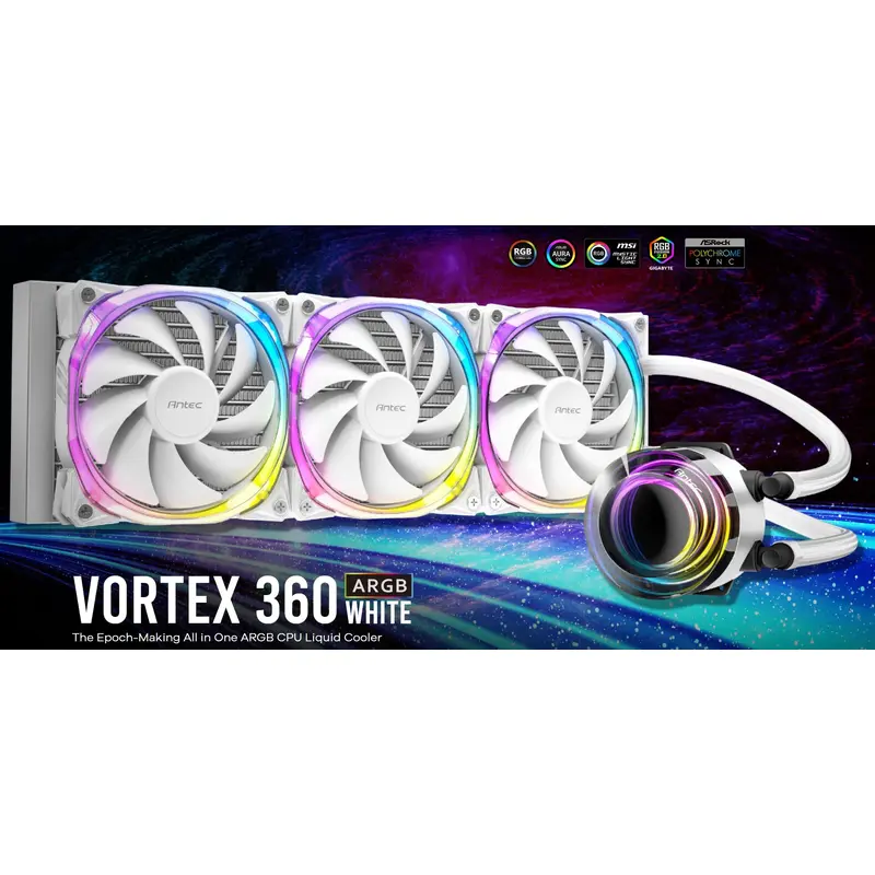 Antec VORTEX 360mm ARGB Whte Liquid CPU Cooler ARGB Controller, EPDM High-Density Tubing, LGA 115x, 1200, 1700, 20xx, AM3, AM4 AM5,TR4 3 Yrs Warranty