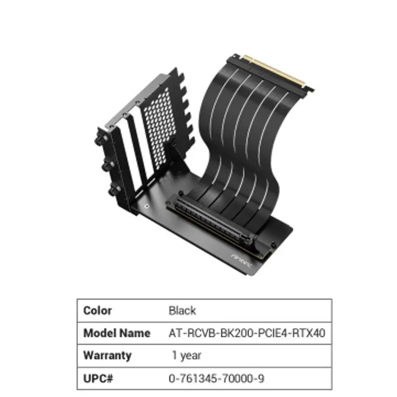 Antec Adjustable Vertical Bracket with 200mm High Performance PCI-E Riser Cable. New 2024. Black Universal Case support