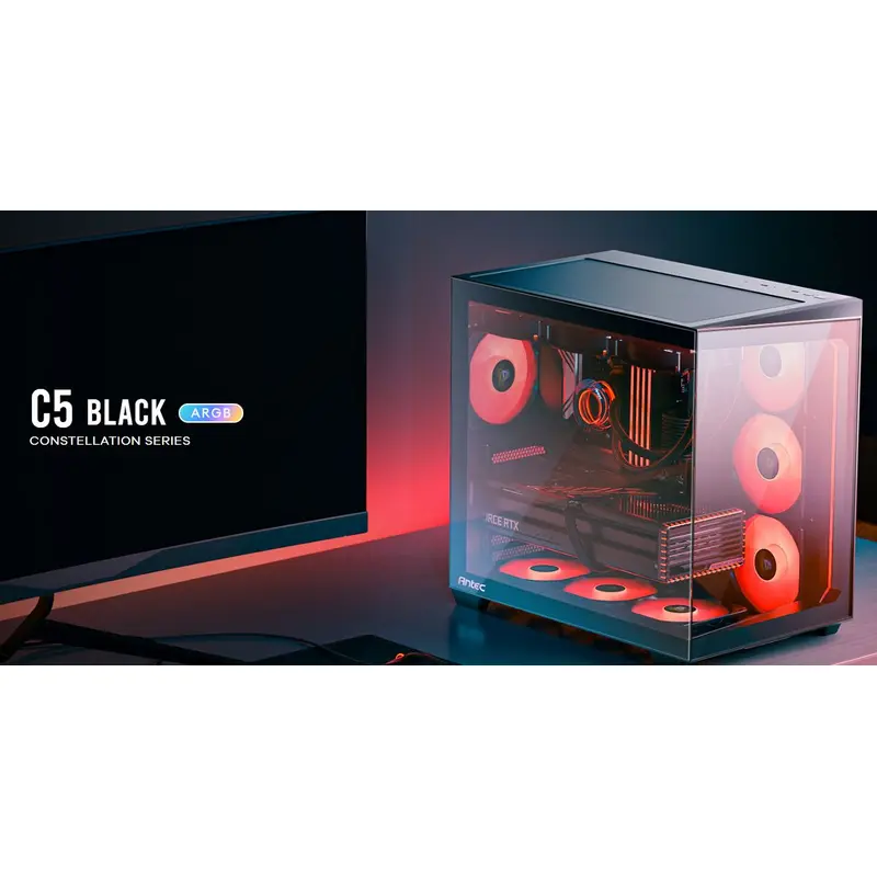 Antec C5 ARGB ATX, mATX Seamless Edge to Edge, Black, 270 degrees, 7x ARGB   PWM Controller, 5090 Back Connect, USB-C, Dual Chamber Gaming Case