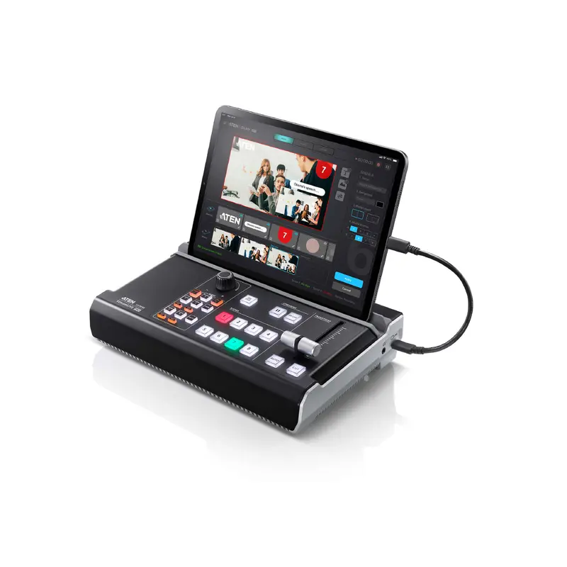Aten UC9040 StreamLIVE PRO All-in-one Multi-channel AV Mixer. Preset up to 8 scenes, DVE video transition effects, a storyboard like management