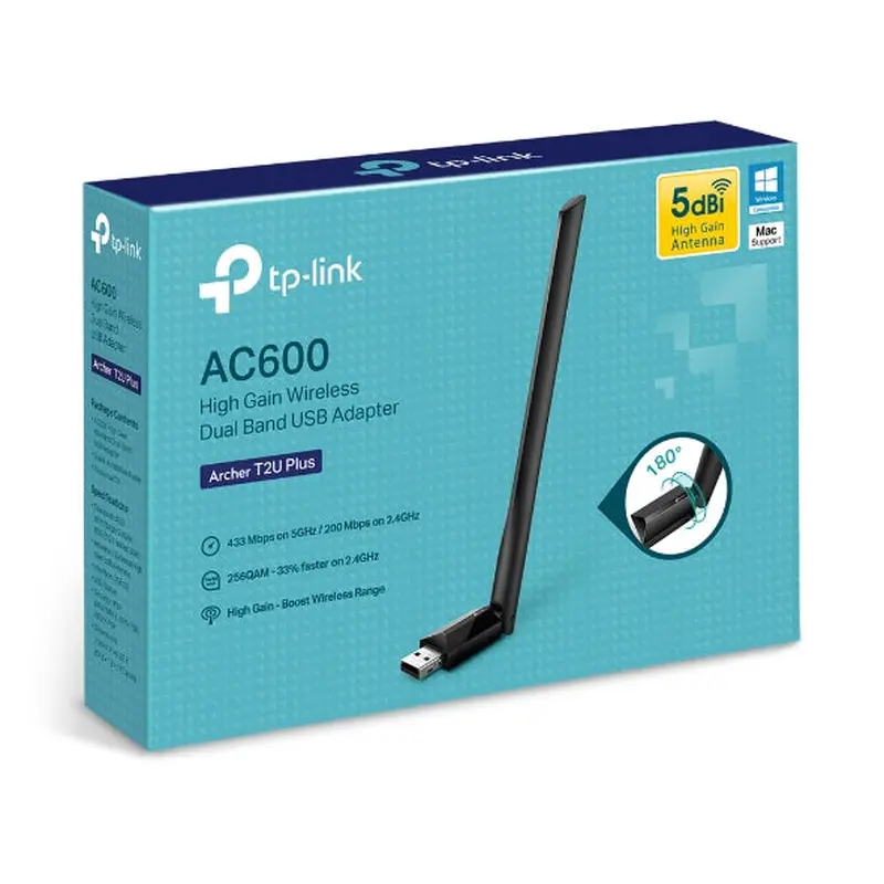 TP-Link Archer T2U Plus AC600 High Gain Wi-Fi Dual Band USB Adapter,433Mbps at 5GHz   200Mbps at 2.4GHz, USB 2.0, 1 high gain antenna