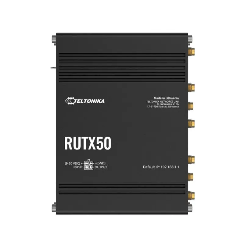 Teltonika RUTX50 Industrial 5G Router, 5G dual SIM cellular, 5 Gigabit Ethernet ports, dual-band WI-Fi, PSU included
