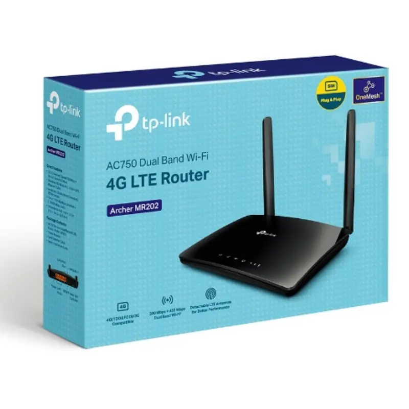 TP-Link Archer MR202 AC750 Wireless Dual Band 4G LTE Router 574Mbps @2.4GHz   2402Mbps @5GHz   2402Mbps @6GHz. 2 External SMA-F Antenna IntF