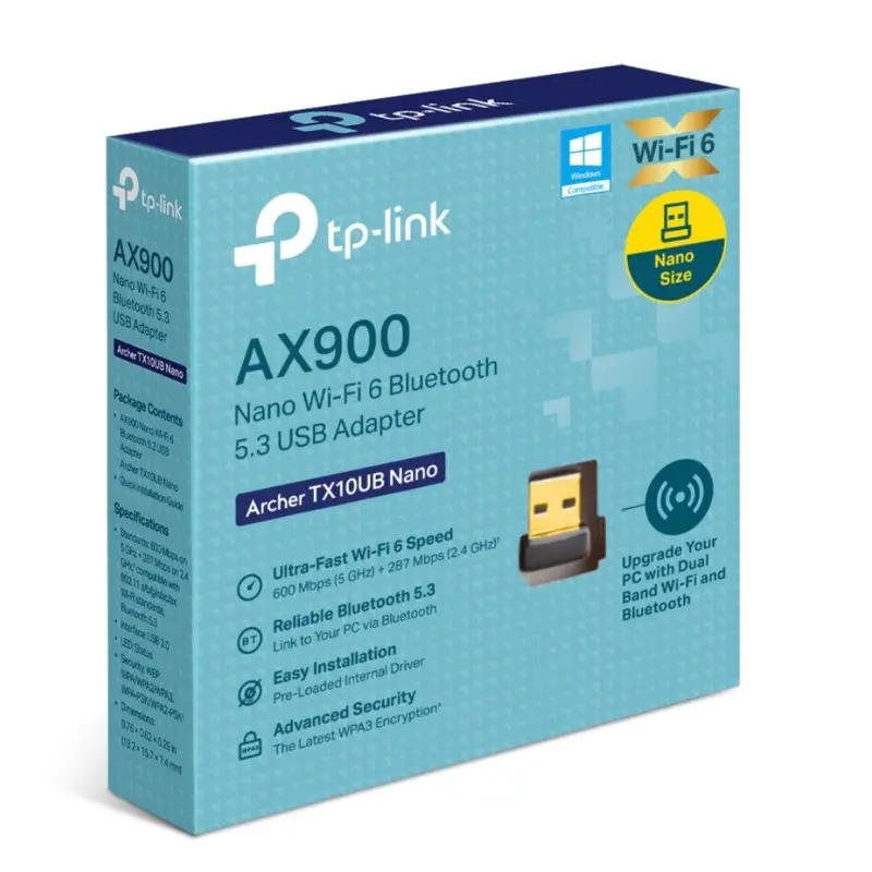 TP-Link Archer TX10UB Nano AX900 Nano Wi-Fi 6 Bluetooth 5.3 USB Adapter,  600 Mbps at 5 GHz   287 Mbps at 2.4 GHz ,  Internal Antennas, USB 2.0