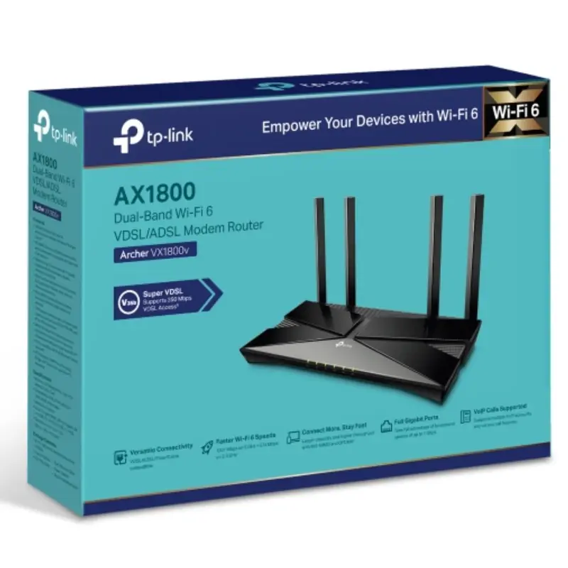 TP-Link Archer VX1800v AX1800 Dual-Band Wi-Fi 6 VDSL/ADSL Modem Router,  574 Mbps at 2.4 GHz   1201 Mbps at 5 GHz