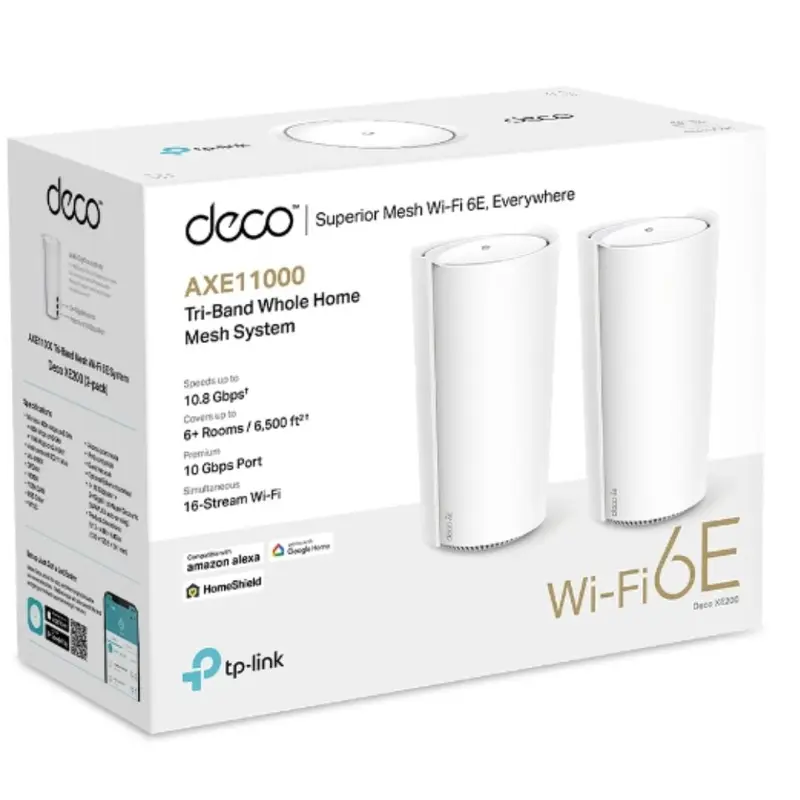 TP-Link Deco XE200(1-pack) AXE11000 Whole Home Mesh Wi-Fi 6E System , Tri-Band WiFi, 4804 Mbps (6 GHz)   4804 Mbps (5 GHz)   1148 Mbps (2.4 GHz).