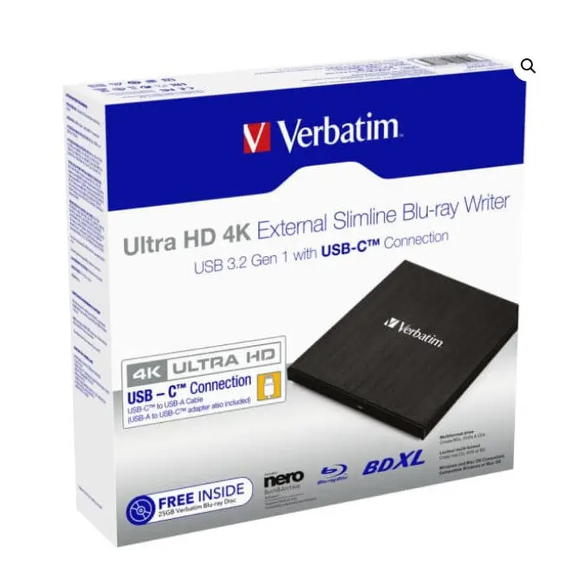 Verbatim External Slim Blue-ray Writer Ultra HD 4K Type-C Connection, USB 3.1 Gen1. Includes Nero Burning Software. Ultra Portable. New 2024
