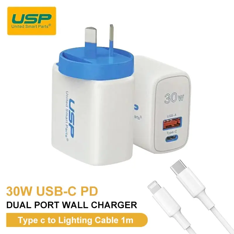 USP 30W Dual Ports (USB-C PD   USB-A QC3.0) Fast Wall Charger   Lightning Cable (1M) -Safe Charge,Compact,Travel Ready,Charge 2 Devices Simultaneously