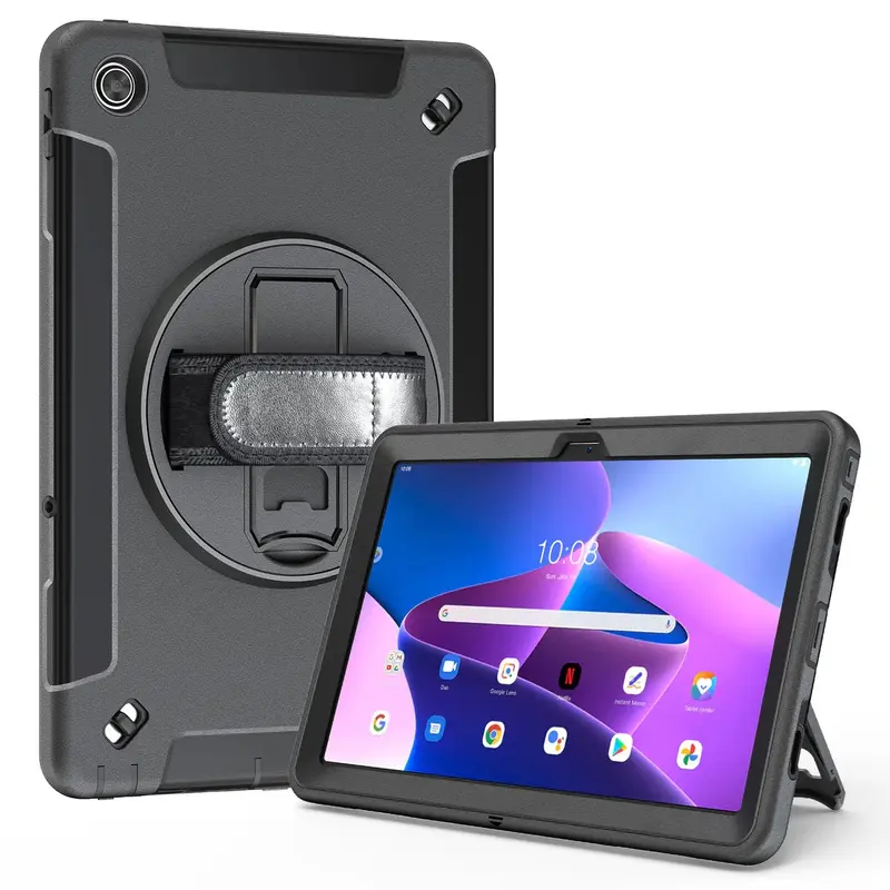 USP Rugged Lenovo Tab M10 Plus (10.6') (3rd Gen) Case   Screen Protector Black - Built-in-Kickstand, Adjustable Hand Strap, DropProof, ShockProof
