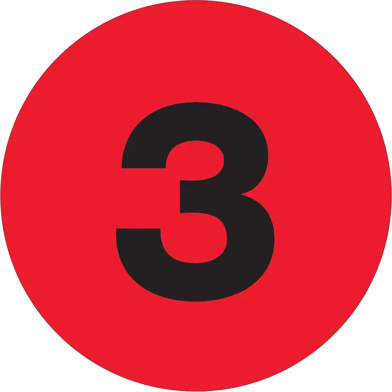2" Circle - "3" (Fluorescent Red) Number Labels (DL6771) Roll Of 500