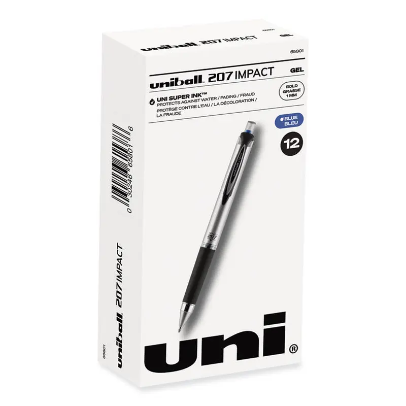 207 Impact Gel Pen, Stick, Bold 1 mm, Blue Ink, Silver/Black/Blue Barrel, Dozen (UBC65801) 1 Dozen