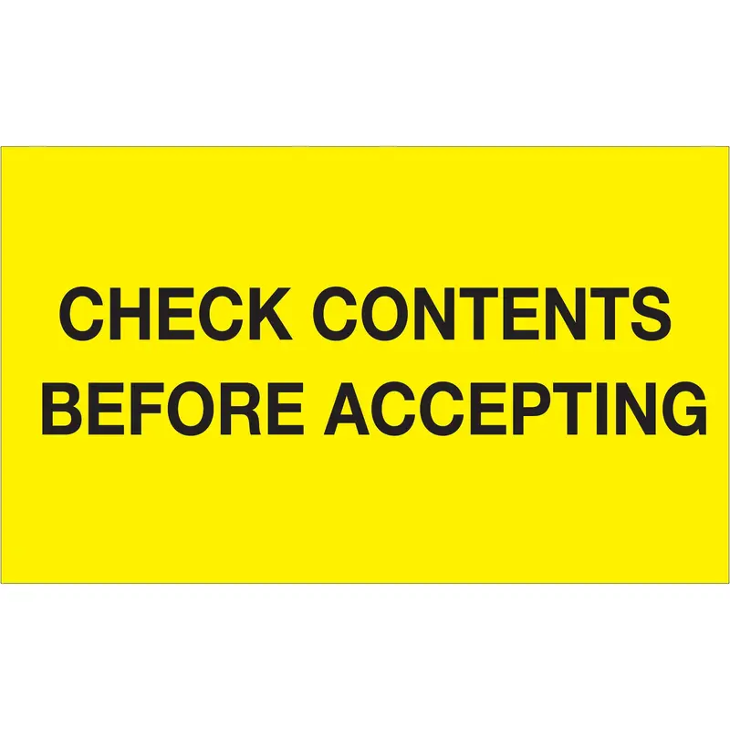 3 x 5" - "Check Contents Before Accepting" (Fluorescent Yellow) Labels (DL1227) Roll Of 500