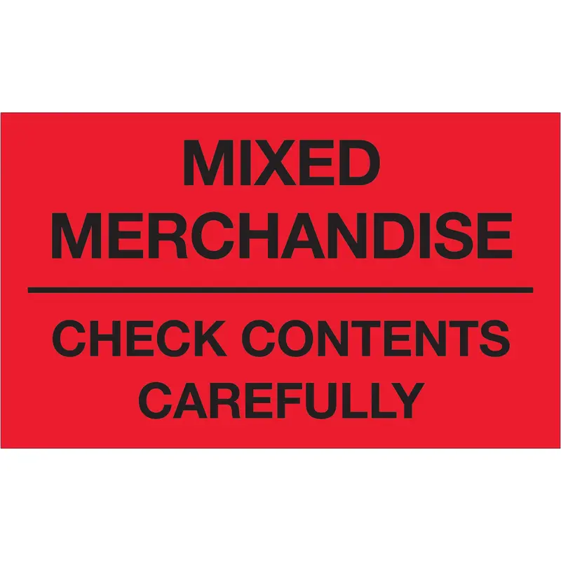 3 x 5" - "Mixed Merchandise - Check Contents Carefully" (Fluorescent Red) Labels (DL1111) Roll Of 500