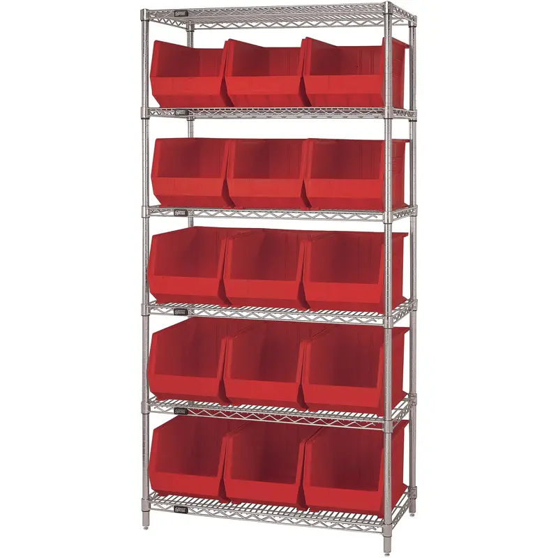 36 x 18 x 74" - 6 Shelf Wire Shelving Unit with (15) Red Bins (WSBQ260R) Each