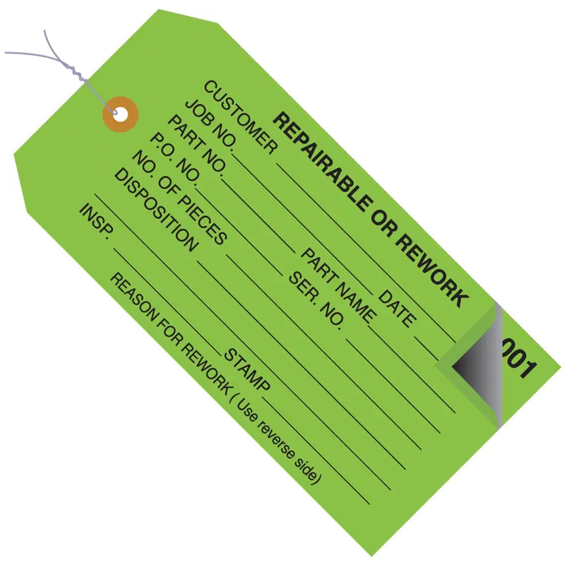 4 3/4 x 2 3/8" - "Repairable or Rework" Inspection Tags 2 Part - Numbered 000 - 499 - Pre-Wired (G21033) Case Of 500