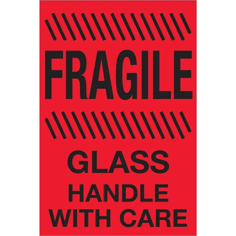 4 x 6" - "Fragile - Glass - Handle With Care" (Fluorescent Red) Labels (DL1188) Roll Of 500