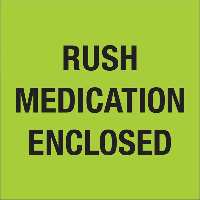 4 x 4" - "Rush - Medication Enclosed" (Fluorescent Green) Labels (DL1338) Roll Of 500