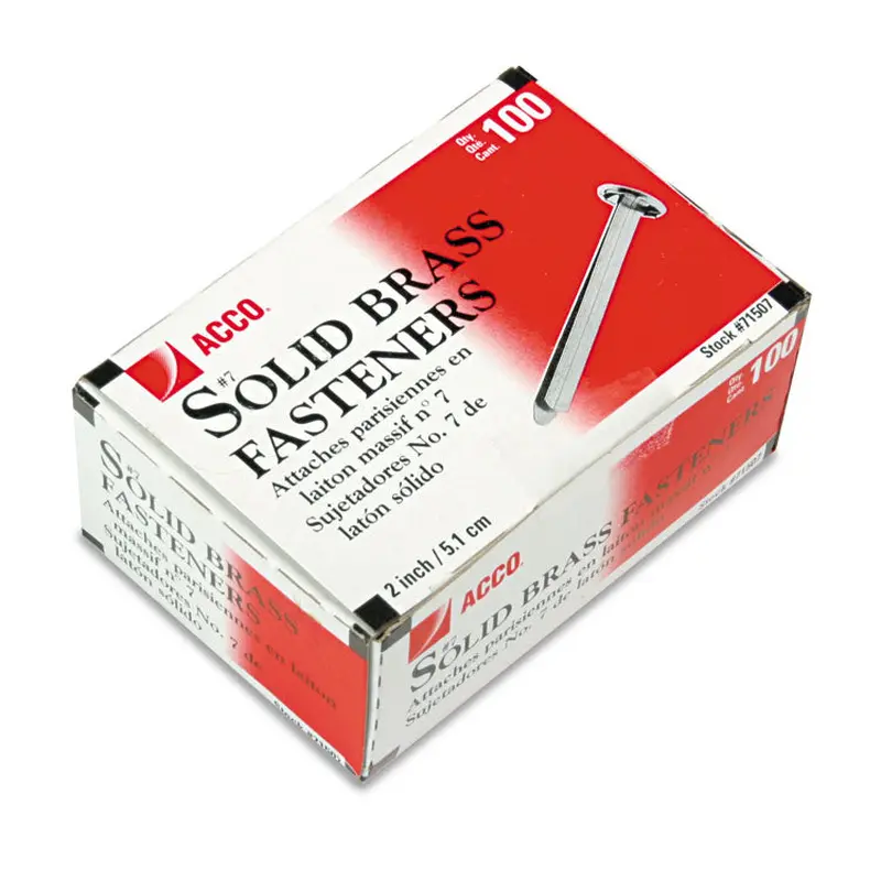 ACCO #7 Brass Prong Paper Fasteners, 2" Capacity, Brass, 100/Box (ACC71507) Box of 100 Fasteners