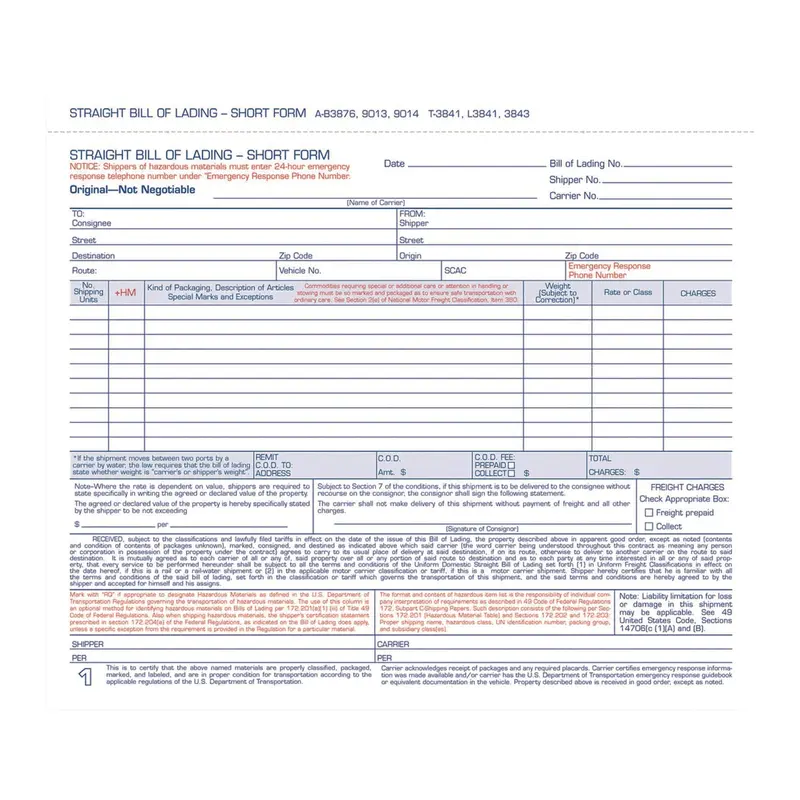 Adams Bill of Lading - Short Form for Up to Ten Articles, Three-Part Carbonless, 8.5 x 6.94, 50 Forms Total (ABF9013) Pack of 50