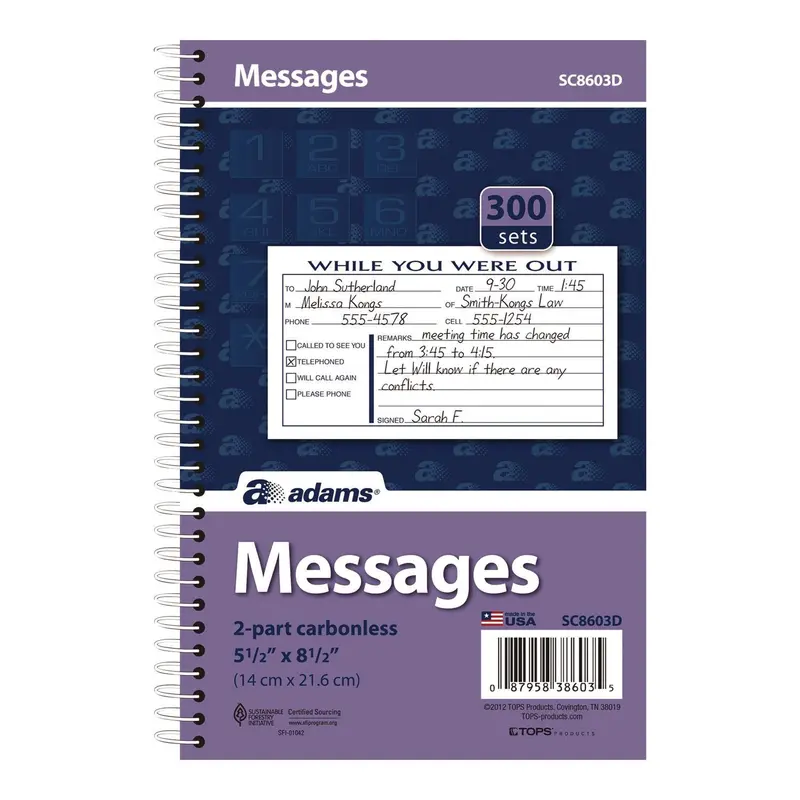 Adams While You Were Out Messages Book, Two-Part Carbonless, 5 x 2.83, 3 Forms/Sheet, 300 Forms Total (ABFSC8603D) Each