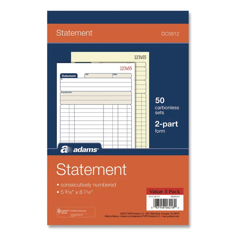 Adams Multipart Statement Pad, Two-Part Carbonless, 5.56 x 7.94, 50 Sets/Pad, 3 Pads/Pack (TOPDC58123) Pack of 50