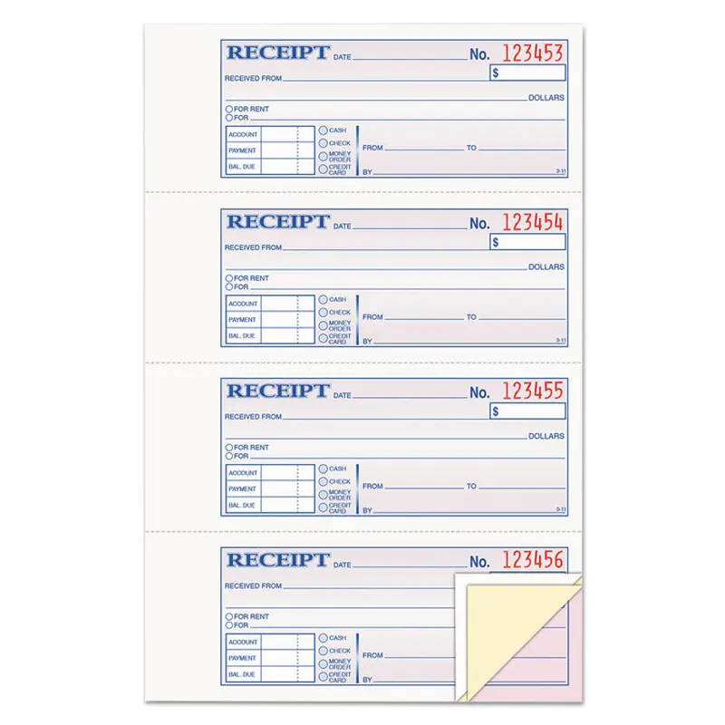Adams Receipt Book, Three-Part Carbonless, 7.19 x 2.75, 4 Forms/Sheet, 100 Forms Total (ABFTC1182) Each