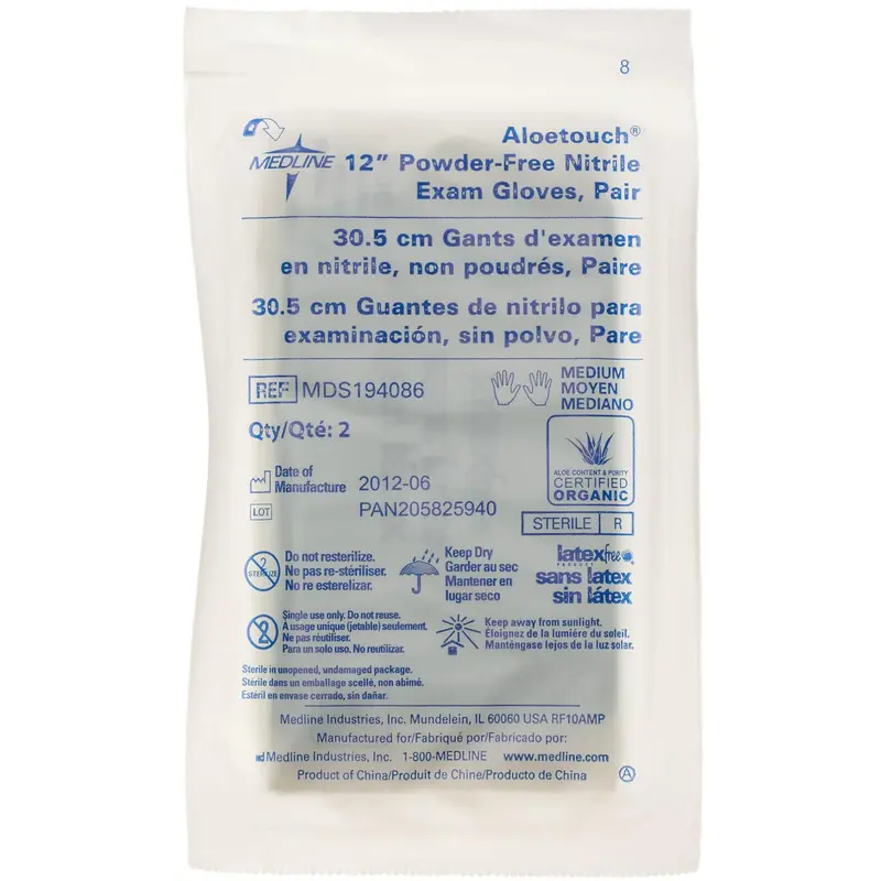 AloeTouch 12" Powder-Free Nitrile Exam Gloves, Sterile Pairs, Size M, 50/BX (MDS194086Z) Box of 50