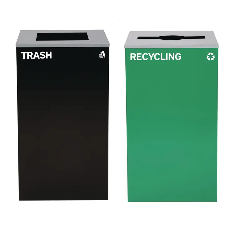 Alpine Industries 29 Gallon Trash/Recycling Cans, Steel, Green Recycling Can with Mixed Lid, Black Trash Can with Square Lid (ALH4450BLKKIT12) Each